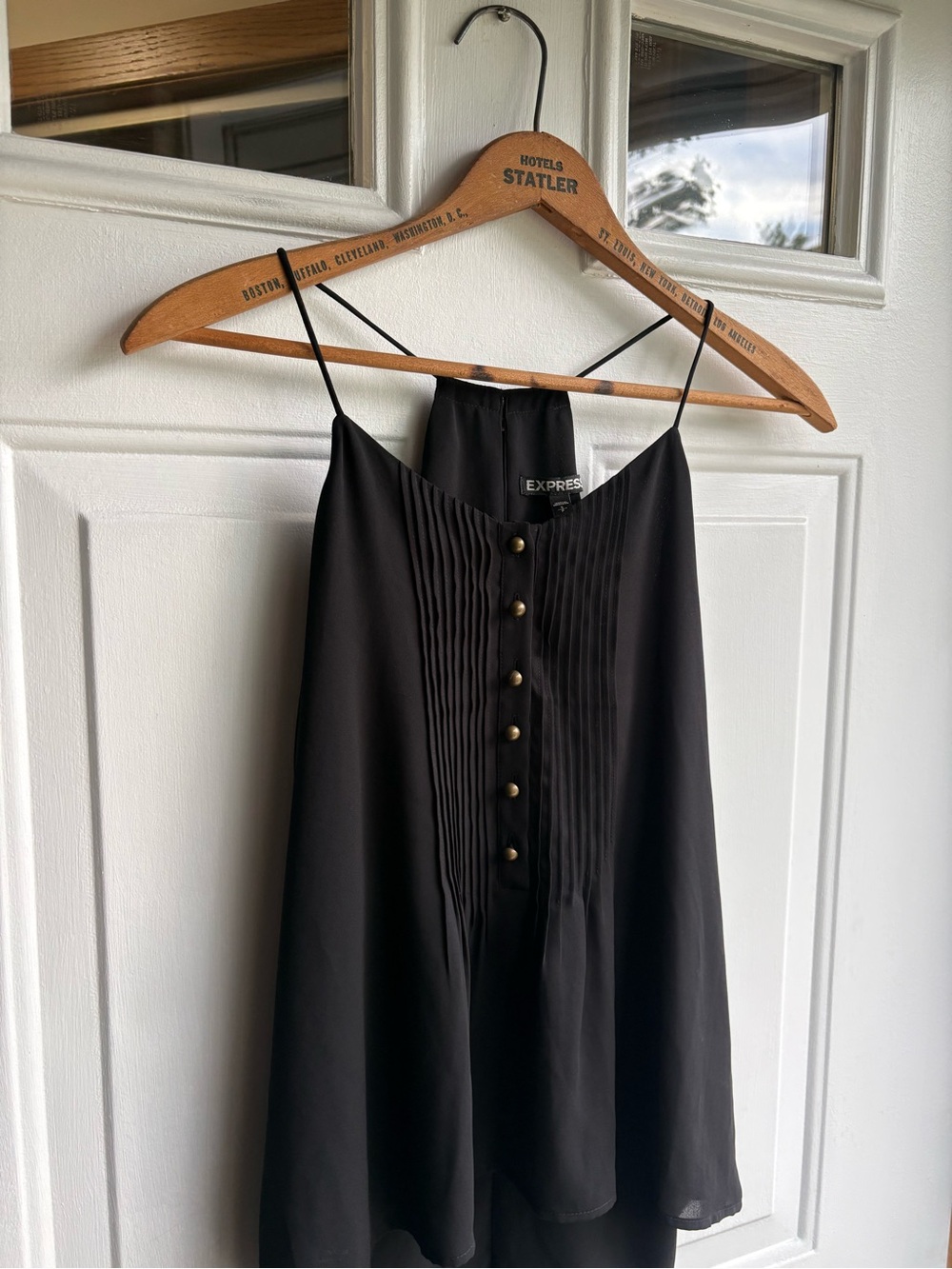 Express Women’s S Black Double Layered Flowy V-Neck Button Pleated Cami Tank Top